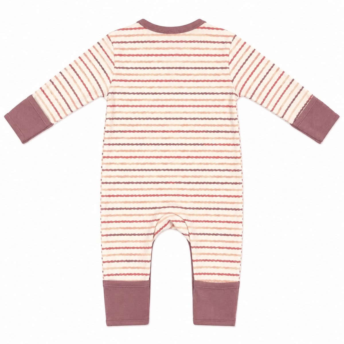 A baby long-sleeve footless jumpsuit shown from the back, featuring a cream base with horizontal wavy stripes in dusty pink, brown, and gray, finished with solid dusty mauve cuffs and leg openings.