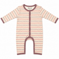 A baby long-sleeve footless romper with horizontal wavy stripes in terracotta, brown, and cream, featuring dusty rose trim and snap closures.