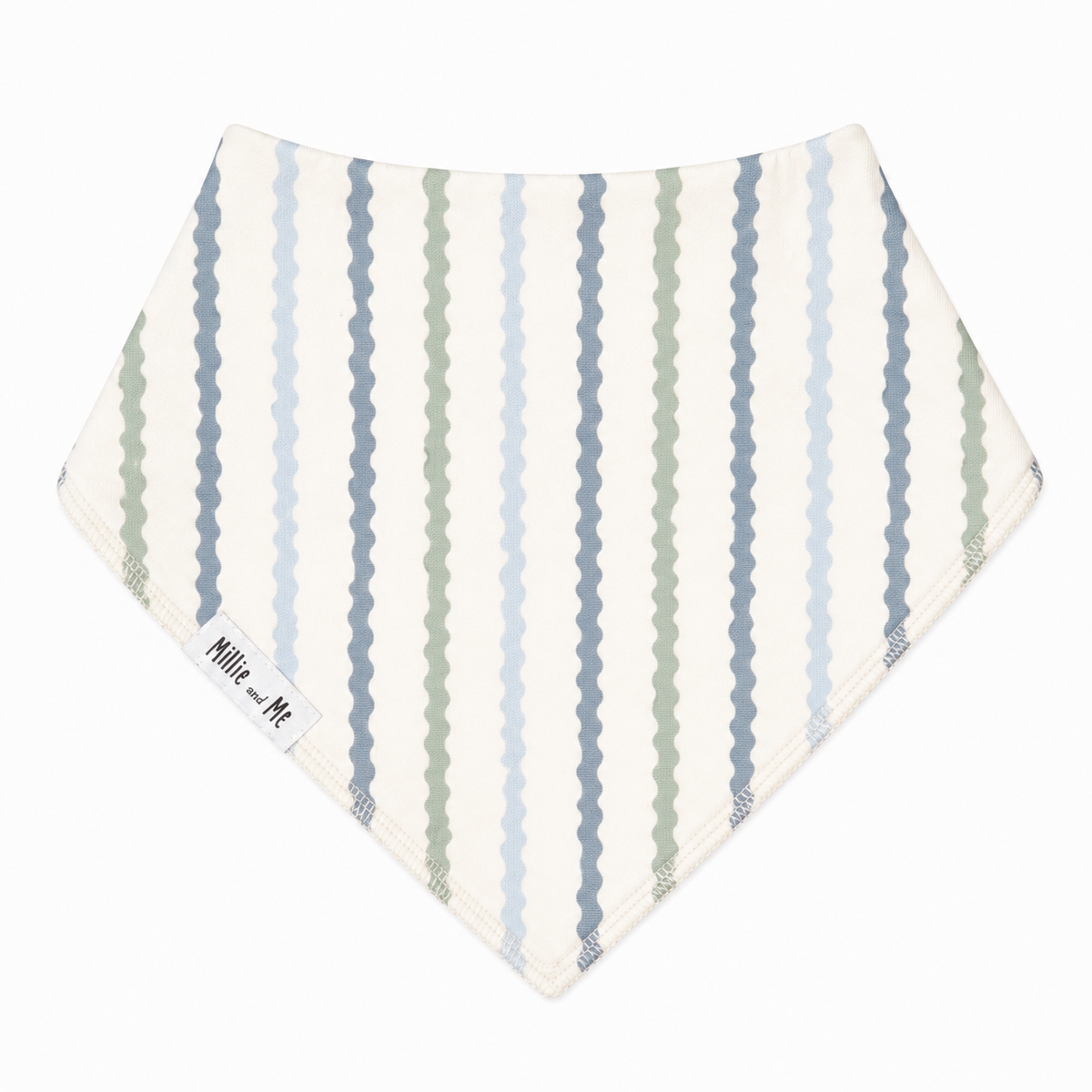 Millie and Me baby bandana bib in cream with blue-grey and sage wavy stripe print - 100% organic cotton