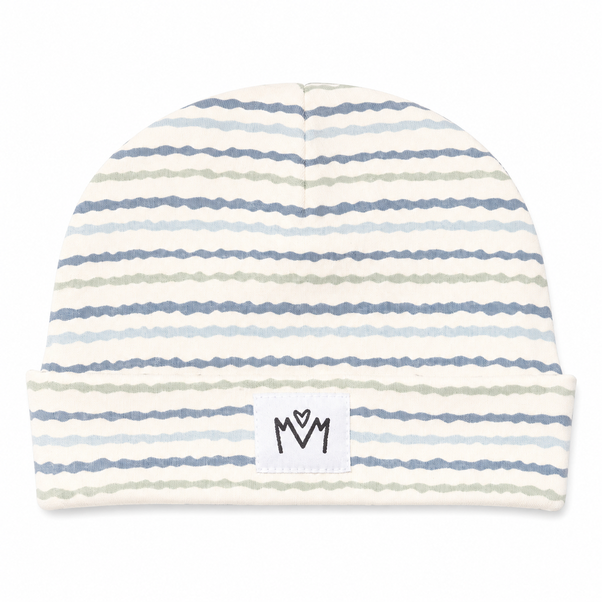 A knit beanie hat with horizontal wavy stripes in light blue, dusty blue, and sage green on an off-white background. It features a folded cuff with a small white square patch displaying a black stylized 'M' logo.