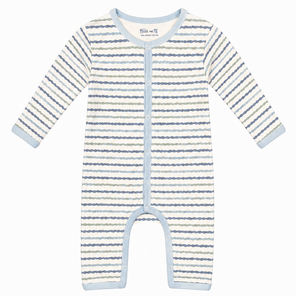 Millie and Me baby romper in white with blue-grey and taupe wavy stripe print, citadel blue trim and snap fastening, long sleeves - 100% organic cotton