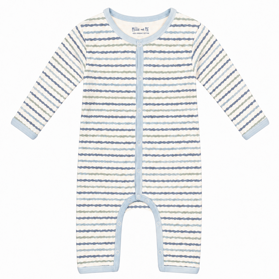 Millie and Me baby romper in white with blue-grey and taupe wavy stripe print, citadel blue trim and snap fastening, long sleeves - 100% organic cotton