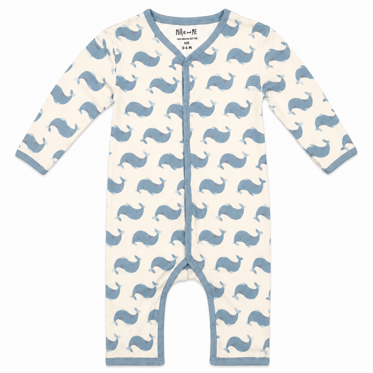 A long-sleeve baby footless one-piece romper in cream with a repeating light blue whale print, featuring a blue collar, cuffs, and hem, and a snap button front.