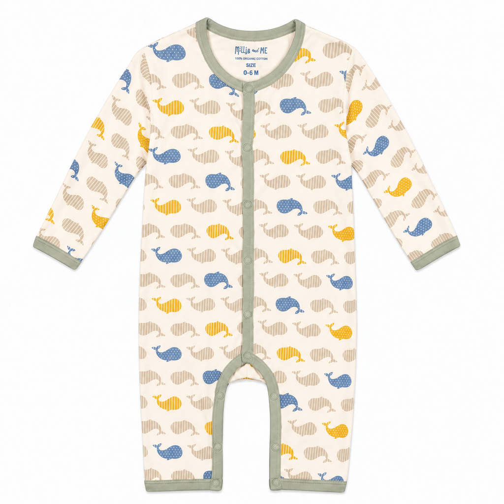 Millie and Me Whale Spot & Stripe Elm organic cotton baby romper, front view, featuring a playful whale print in soft blue, mustard yellow and warm beige on a cream background.