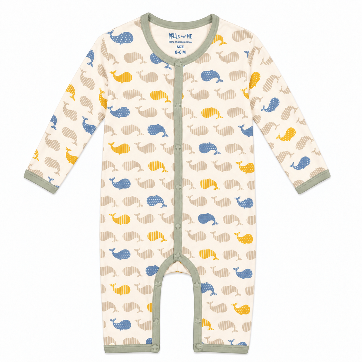 Millie and Me Whale Spot & Stripe Elm organic cotton baby romper, front view, featuring a playful whale print in soft blue, mustard yellow and warm beige on a cream background.