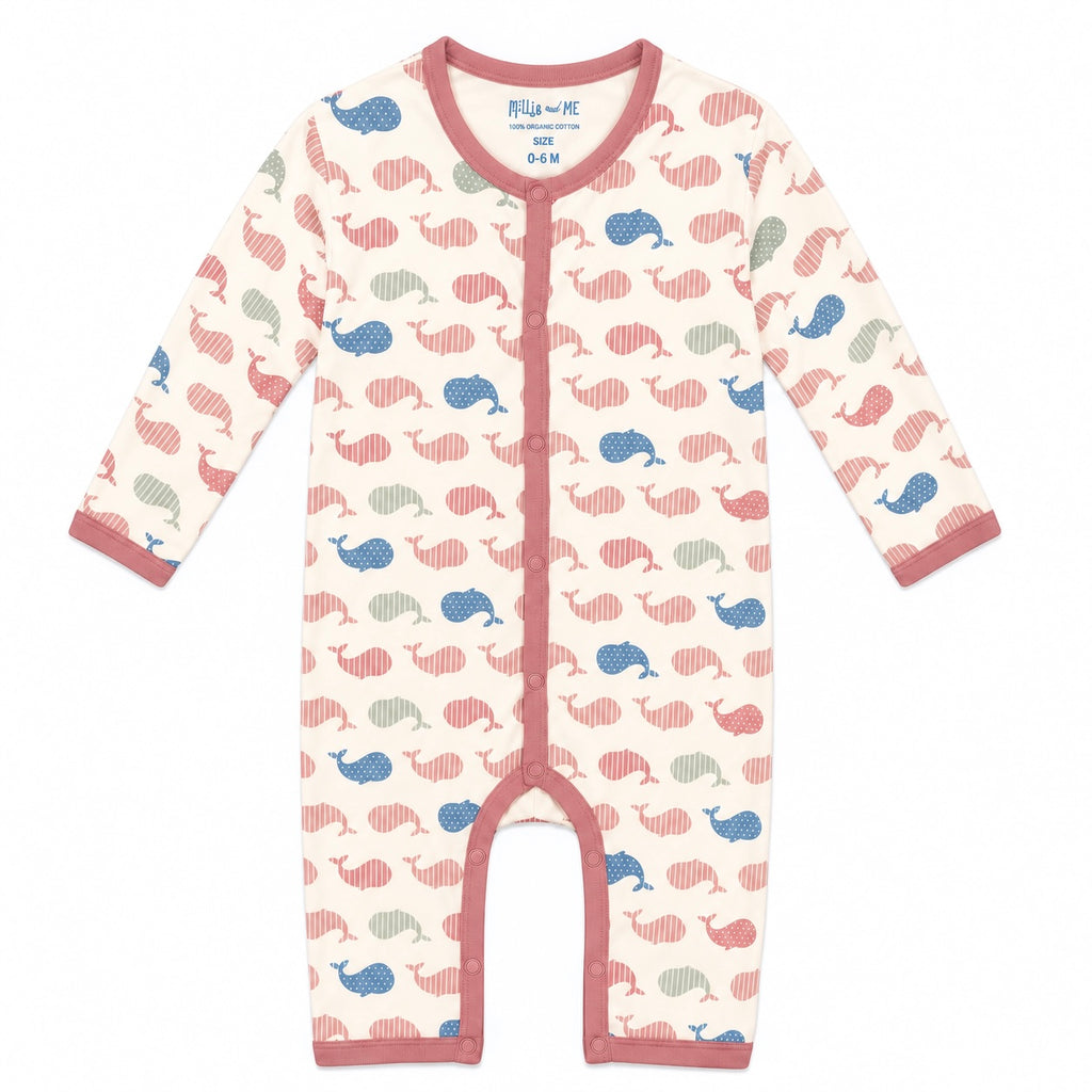 Millie and Me Whale Spot & Stripe Ash Rose organic cotton baby romper, front view, featuring a playful whale print in soft pink, blue and sage green on a cream background.