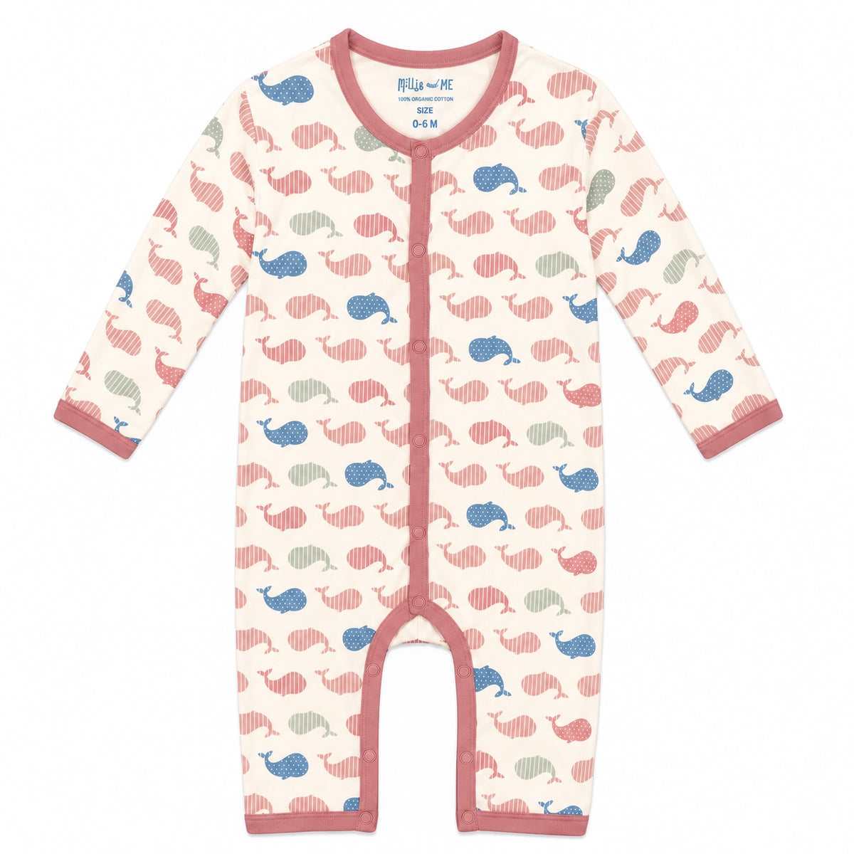 Millie and Me Whale Spot & Stripe Ash Rose organic cotton baby romper, front view, featuring a playful whale print in soft pink, blue and sage green on a cream background.