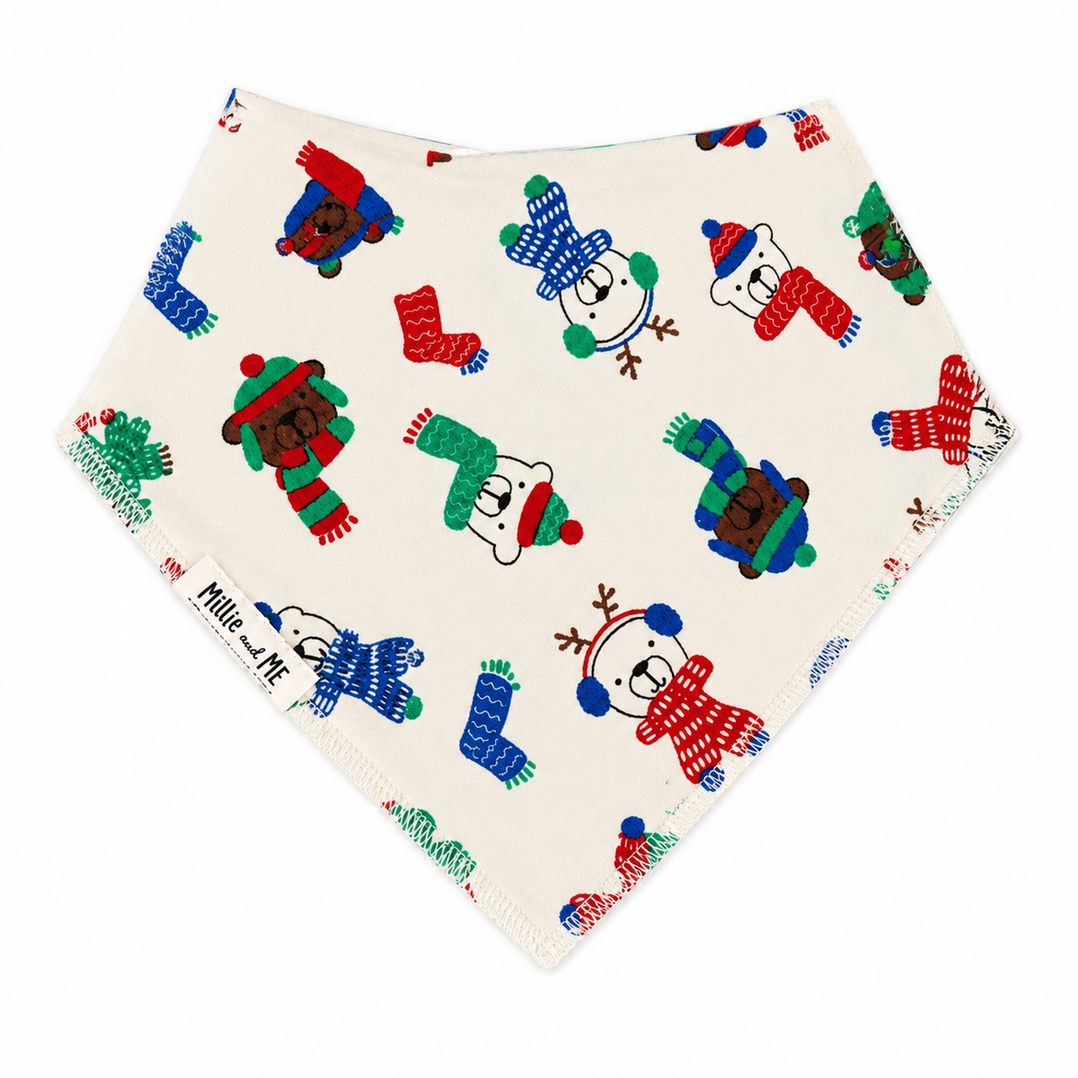 Christmas baby bandana bib with colourful winter bears print, soft cotton baby dribble bib by Millie and Me Ireland.