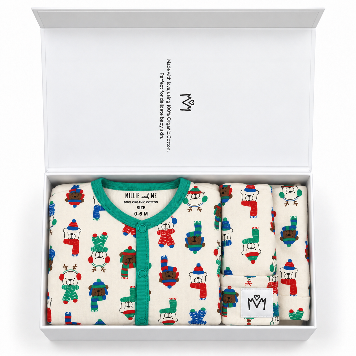 Millie and Me organic cotton baby gift box with a cream Christmas teddy bear print romper, green trim and matching bib and hat, ideal for a newborn Christmas present.