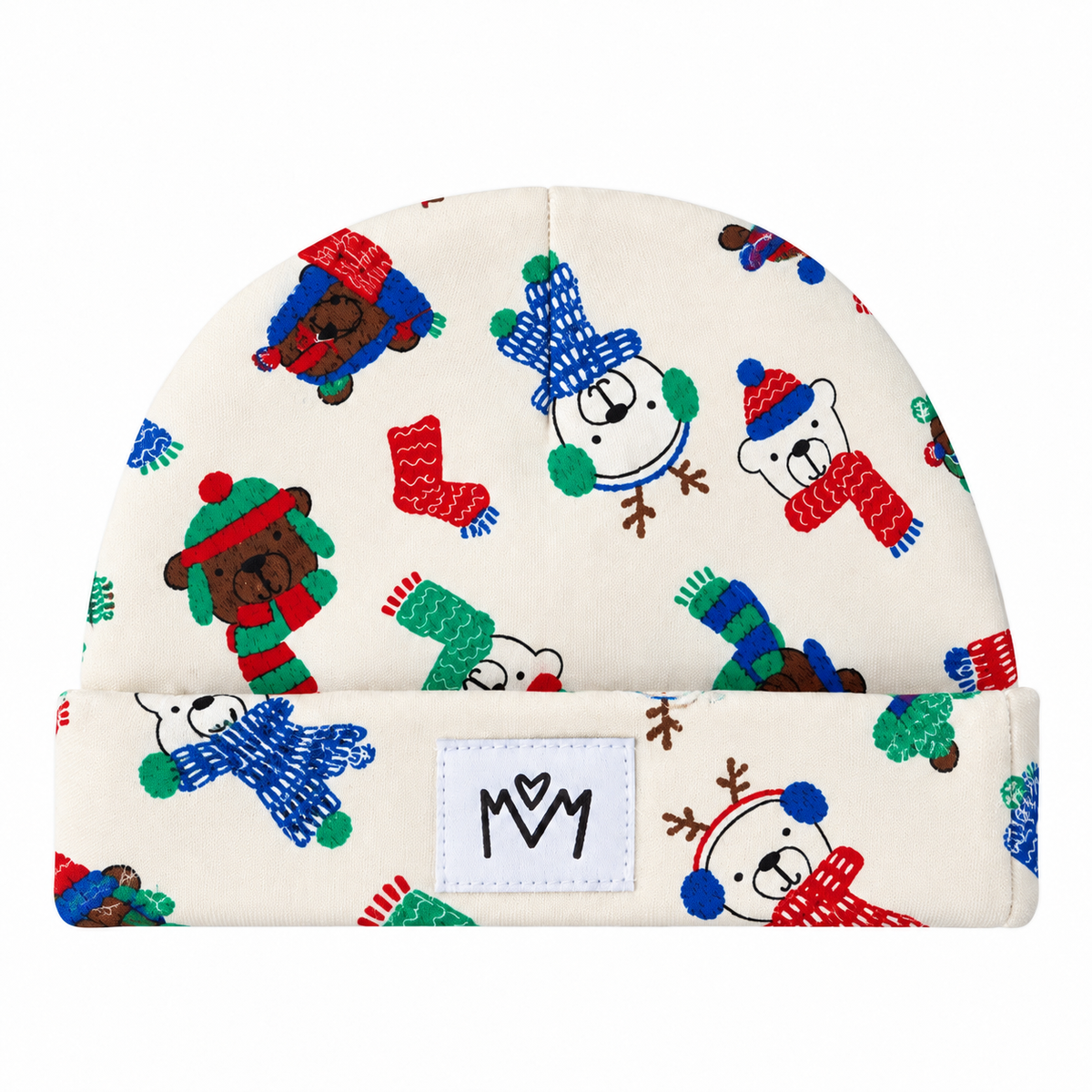Winter Bears Organic Cotton Baby Hat by Millie and Me, featuring a cream background with colourful festive teddy bears wearing Christmas hats, scarves and winter accessories. Ideal for keeping little ones cosy during the festive season.