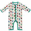 Millie and Me cream organic cotton baby romper with festive bear print and green popper fastening