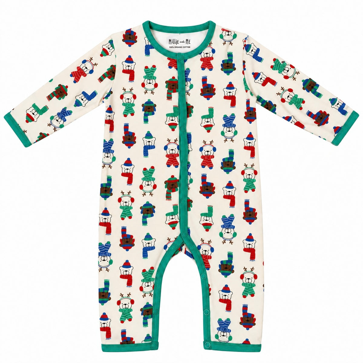 Millie and Me cream organic cotton baby romper with festive bear print and green popper fastening