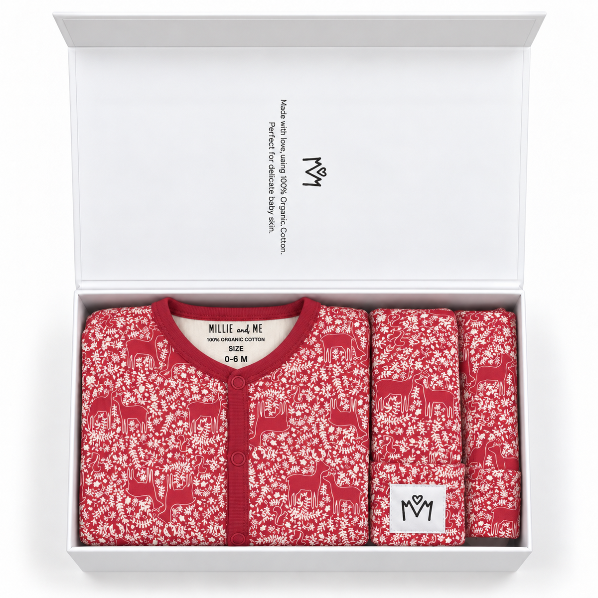 Millie and Me organic cotton baby gift box featuring a red woodland animal print baby romper and matching bib and hat, perfect for a newborn baby shower gift.