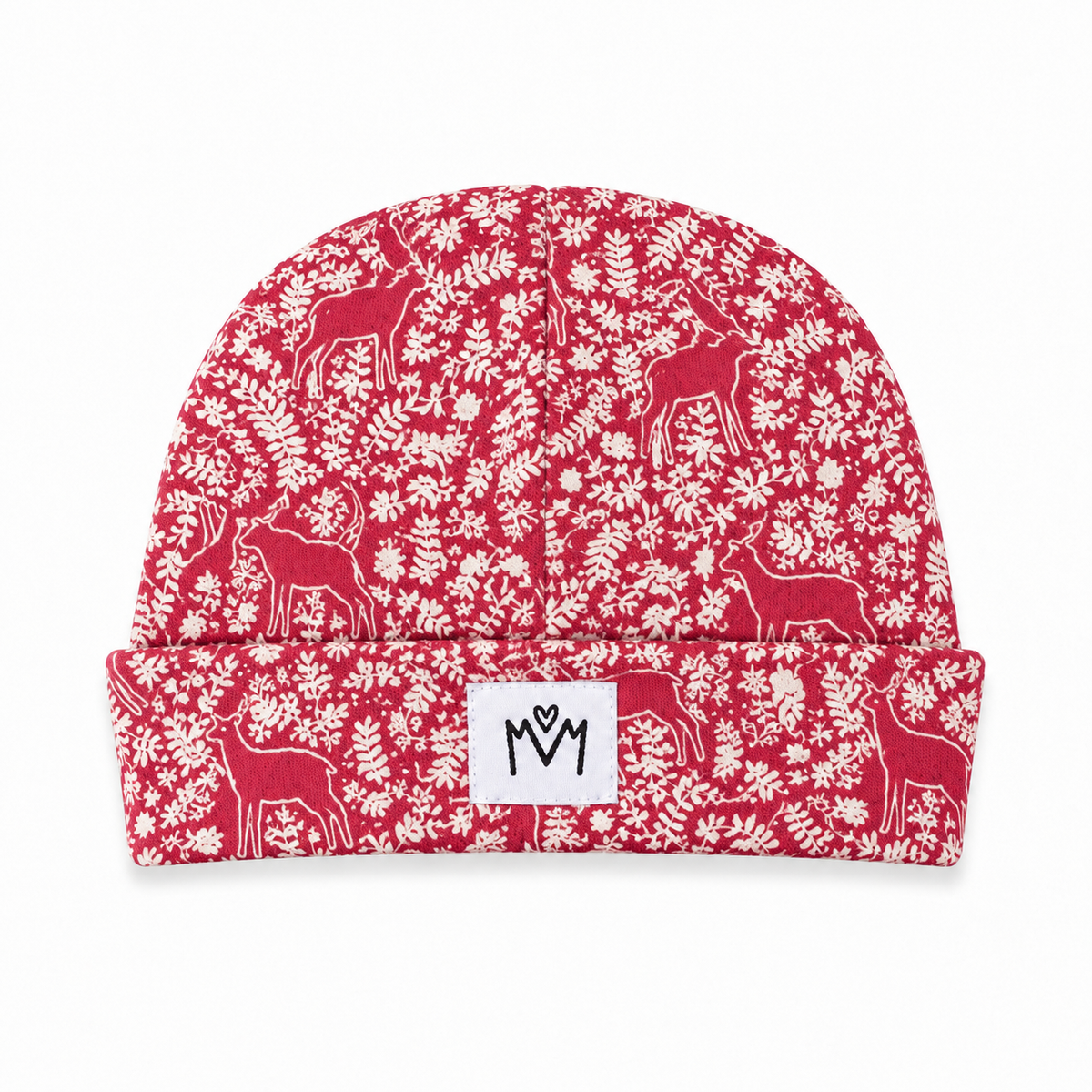 Red organic cotton baby hat with a festive reindeer and winter foliage print, featuring a soft fold-over brim. A charming Christmas baby accessory and seasonal gift for little ones. By Millie and Me.