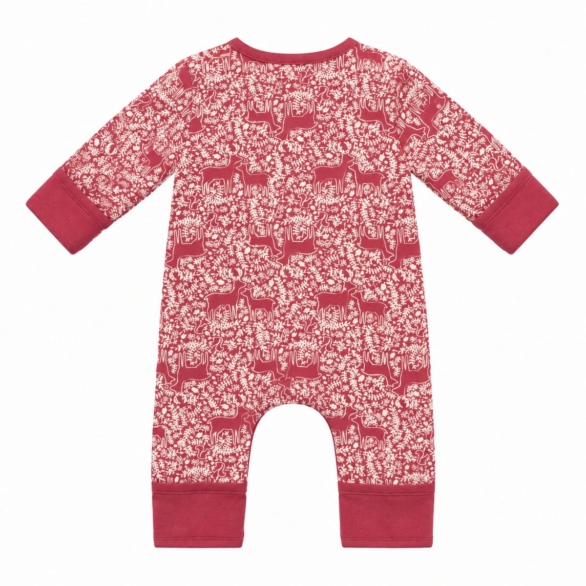 A baby long-sleeve romper with an all-over red and white and leaf pattern, featuring solid red cuffs and leg hems, shown flat on a white background.