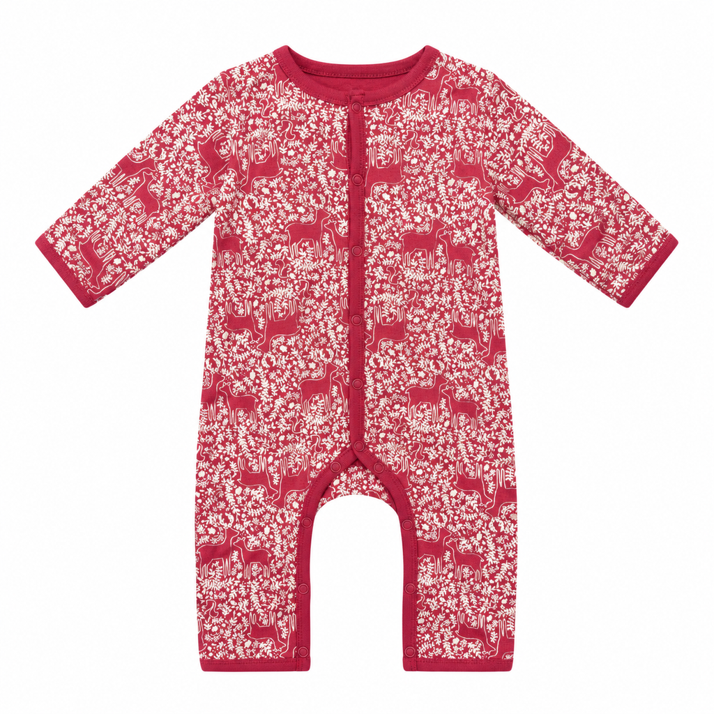 A long-sleeve baby footless one-piece romper in a red and white leaf print with a subtle deer pattern, shown flat on a white background.