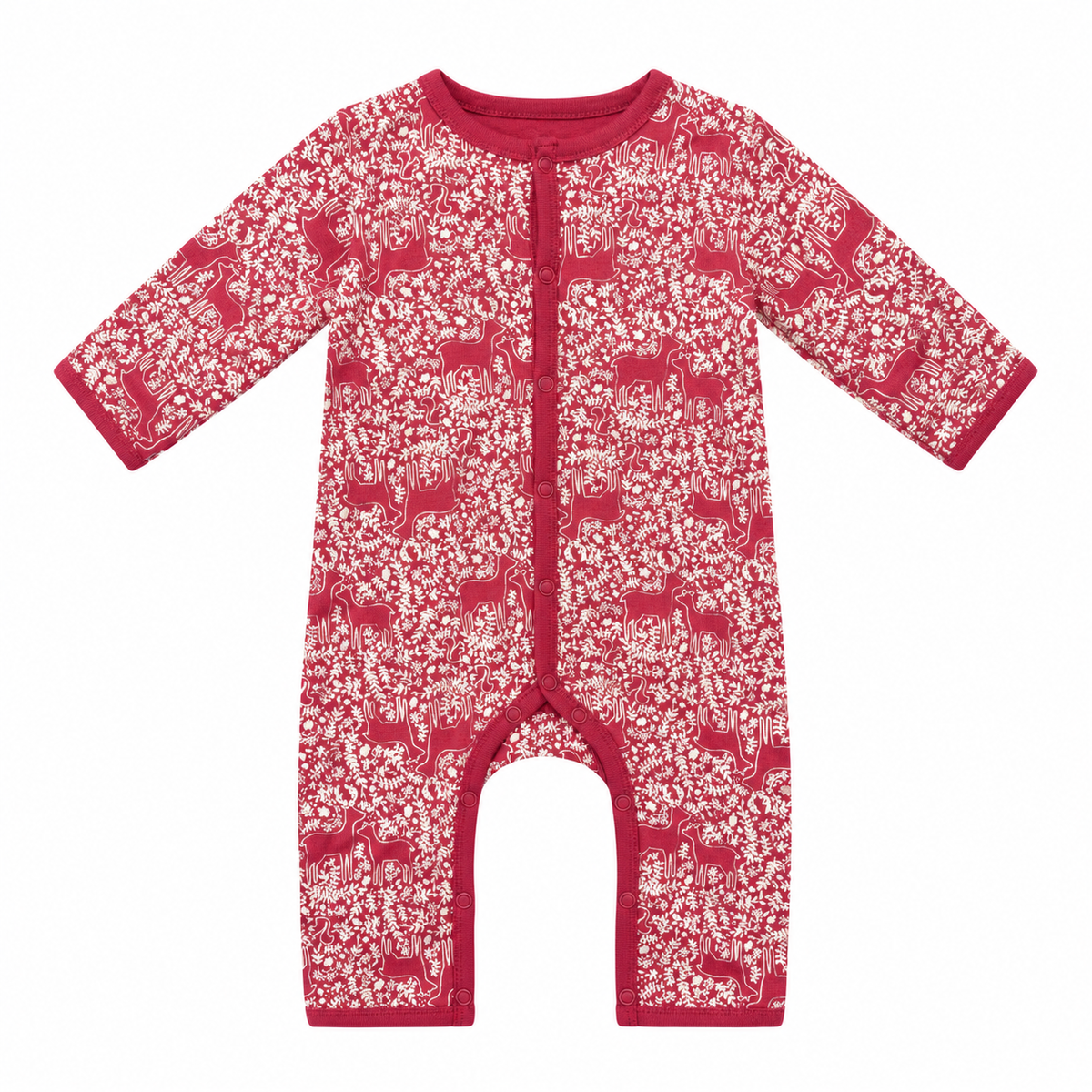 A long-sleeve baby footless one-piece romper in a red and white leaf print with a subtle deer pattern, shown flat on a white background.