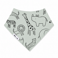 Millie and Me XL Bandana Bib in Jungle – oversized organic cotton baby bib with a bold illustrated jungle animal print featuring a giraffe, lion, zebra, rhino, leopard and cheetah in black outline on a soft sage green background, Millie and Me label detail