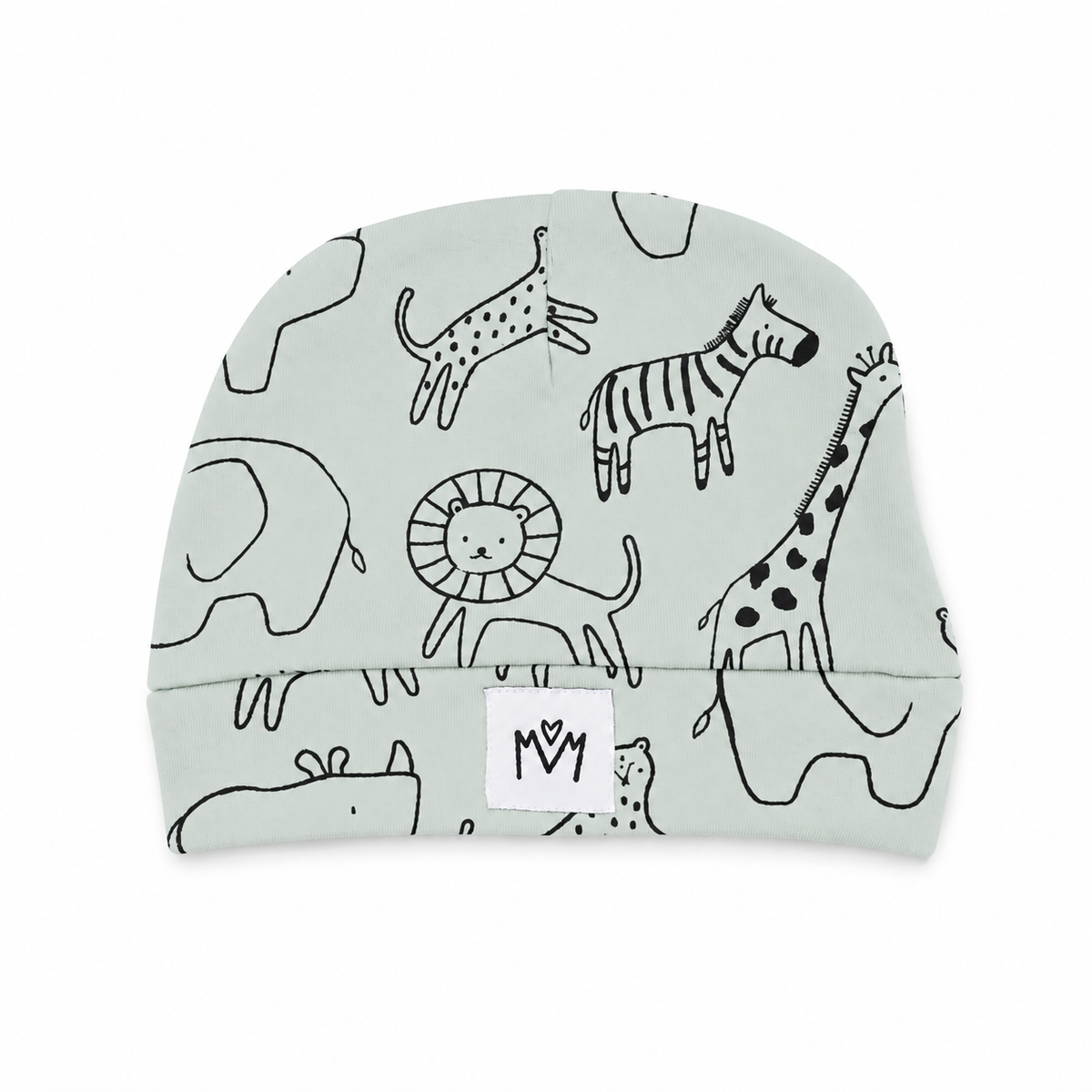 A baby beanie hat in a pale sage green colour, featuring a black line art safari animal print including a lion, zebra, giraffe, and leopard. A white fabric label with the brand initials 'MM' sewn onto the front cuff.